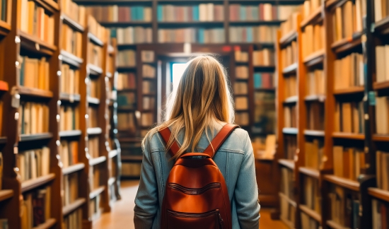 Female college student walking in the library