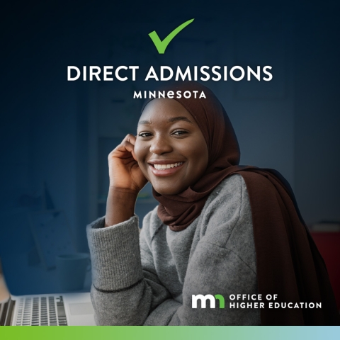 Image of female student wearing hijab, smiling toward camera, on laptop. Graphic reads "Direct Admissions Minnesota"