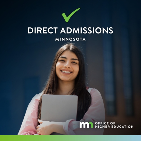 Image of female student smiling toward camera. Graphic reads "Direct Admissions Minnesota"