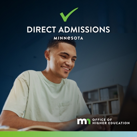 Image of male student, smiling while looking at laptop. Graphic reads "Direct Admissions Minnesota"